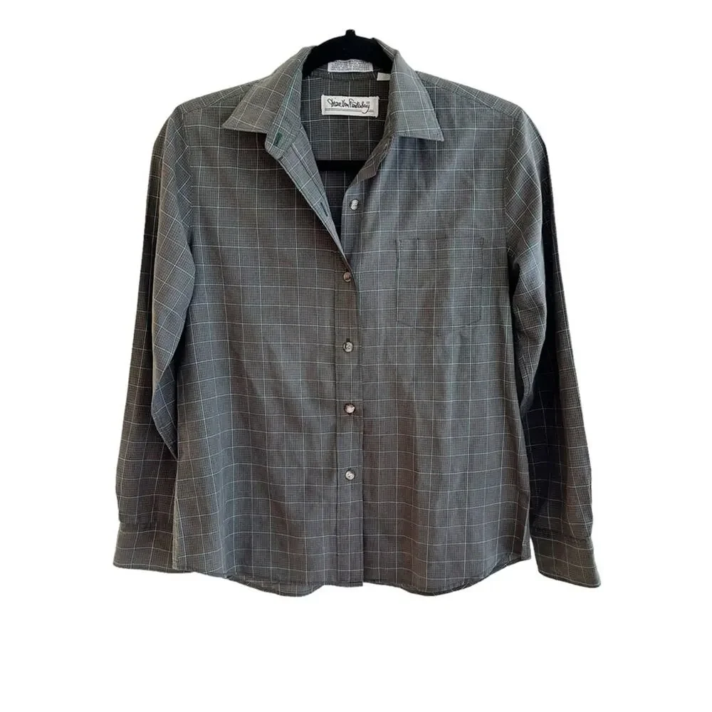 Diane Von Furstenberg Vintage Plaid Cotton Button Up Shirt Grey Size 10